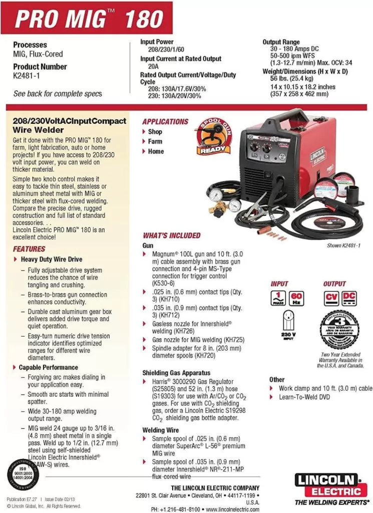 Lincoln Electric Pro MIG 180 welder Features